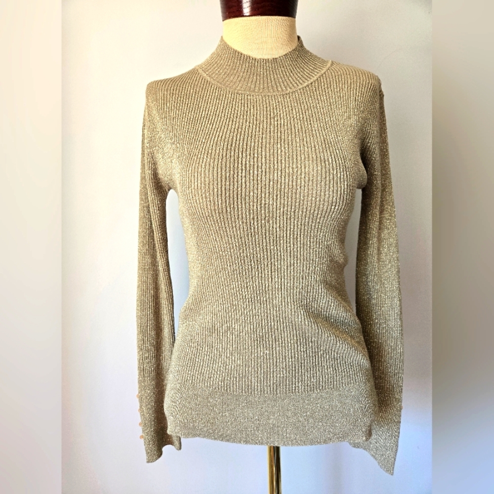 Esqualo Gold Ribbed Stretchy Mock Neck Women's Sweater. Size Small